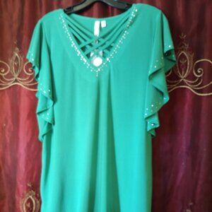 NY Collection Plus Size Flutter Sleeve Top GREEN With Criss Cross L XL